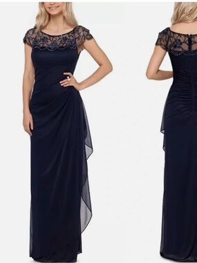 NWT Xscape Navy Beaded Illusion Yoke Maxi Dress—Sz 8P